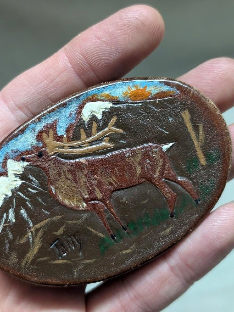 vintage ELK belt buckle TOOLED leather MOOSE handcrafted WESTERN mountains