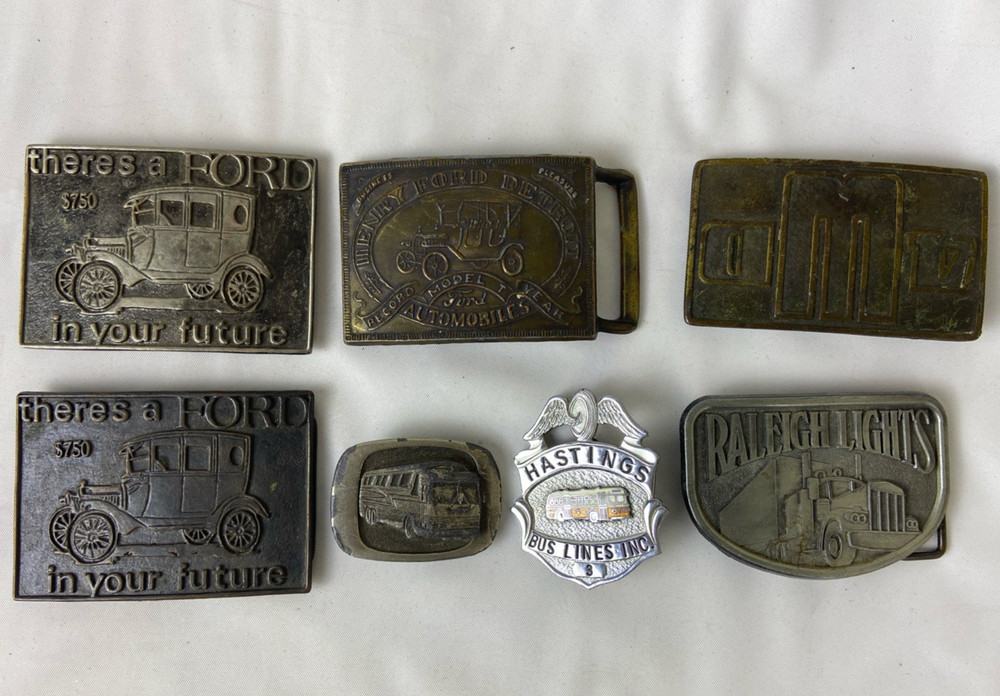 Mixed Lot of 7 pcs 6 Belt Buckles 1 Clip Transportation Ford, 4WD, Bus, Model T