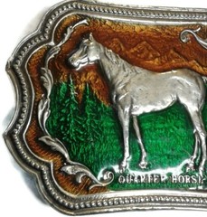 Vintage Pewter Quarter Horse Belt Buckle Green Brown Scenic Design Enameled