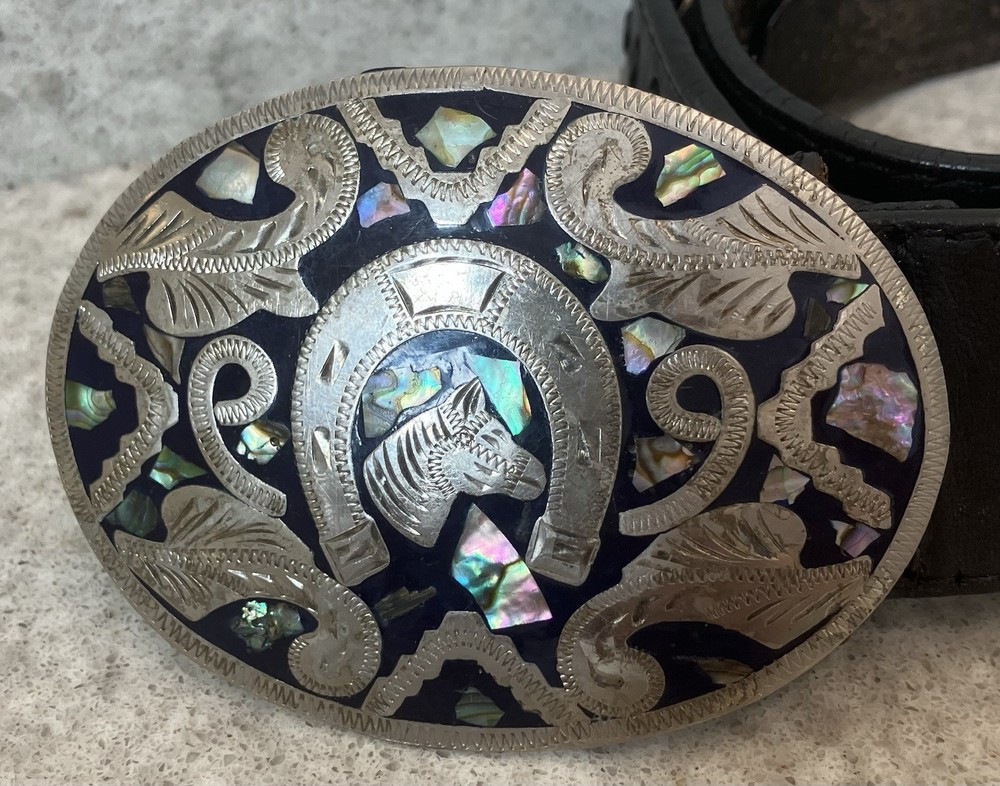 Vintage Metal Belt Buckle, Alpaca Silver and Abalone W/ Harley Davidson Belt