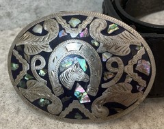 Vintage Metal Belt Buckle, Alpaca Silver and Abalone W/ Harley Davidson Belt