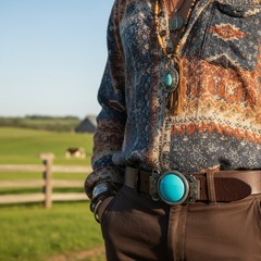 Men Women Western Fashion Belt Buckle Silver Metal Turquoise Blue Bead Cowboys