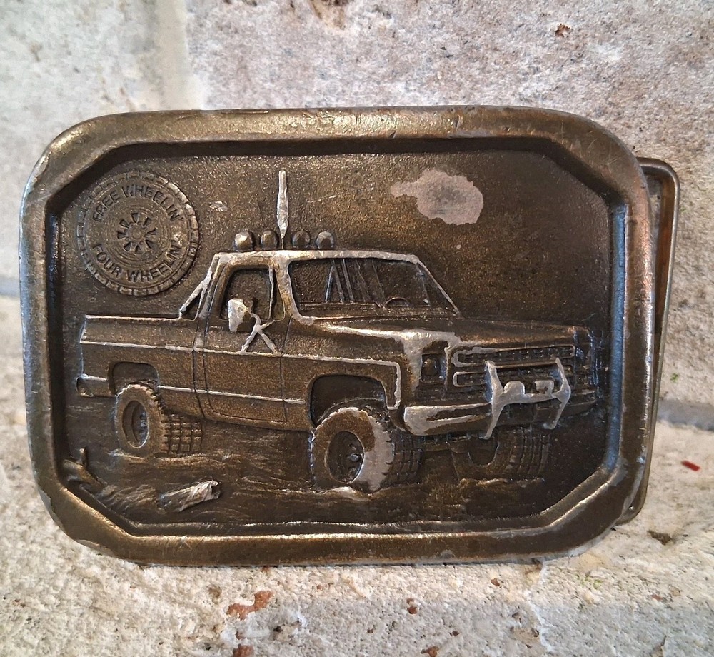 Vintage 1977 Indiana Metal Craft Belt Buckle Truck Free Wheelin Four Wheelin