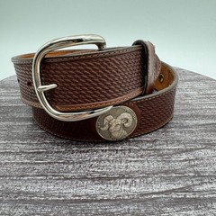 Tony Lama Belt Mens 34 Western Leather Bison Bear Eagle Buckle Brown Silver