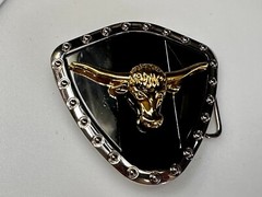 Long Horn Bull Steer Cow Black Stripe On Reflective Shield Pattern Belt Buckle