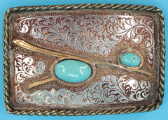 VTG Turquoise Etched Silver & Gold Tone Western Belt Buckle
