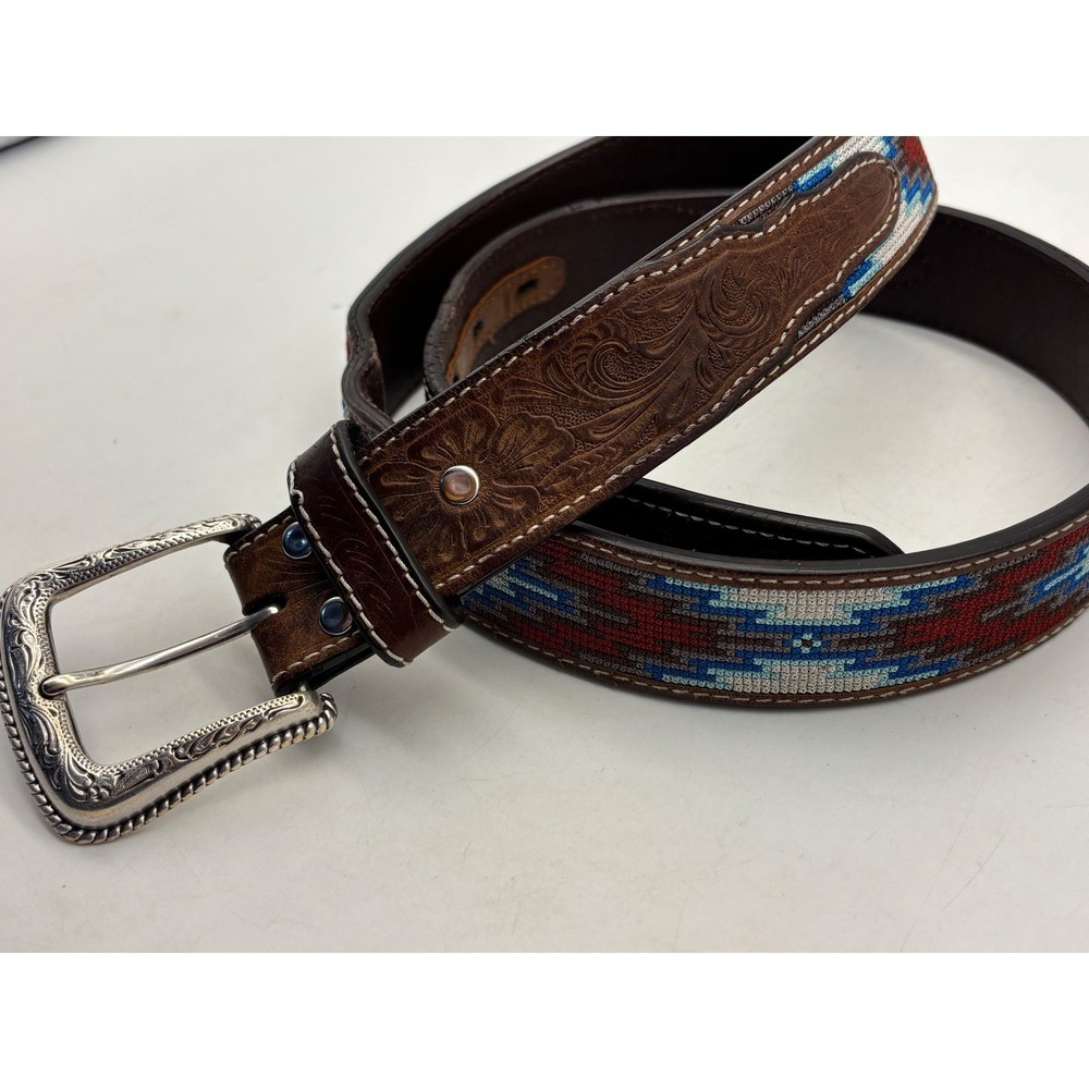 Nocona Western Leather Belt Embroidered Brown Silver Buckle 38
