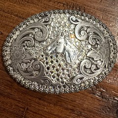 Nocona Silver Horse Head Rhinestone Western Floral Scroll Oval Belt Buckle