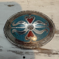 Western Oval Metal Belt Buckle Silver Blue Red Floral Embossed Fits 1.5in