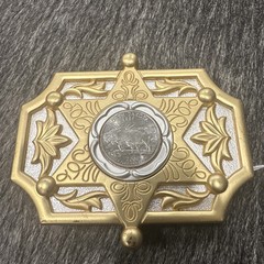 North Dakota Buffalo Coin In Belt Buckle Six Pointed Star Design 3 3/4&Prime; x 3 1/8&Prime;