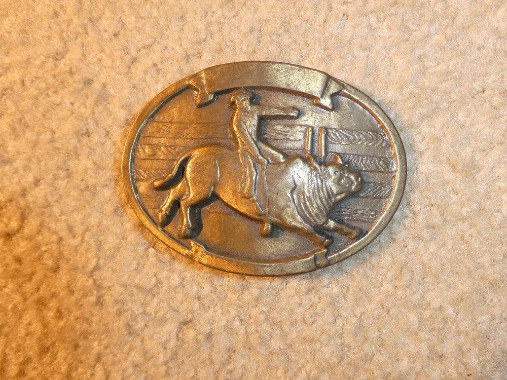 Vintage 1970s Brass MBCI Bull and Bull Rider Belt Buckle 3.5&Prime; Wide