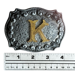 Vintage WMG Western Belt Buckle Initial K Cowboy Rodeo Floral Scroll Rope Edge