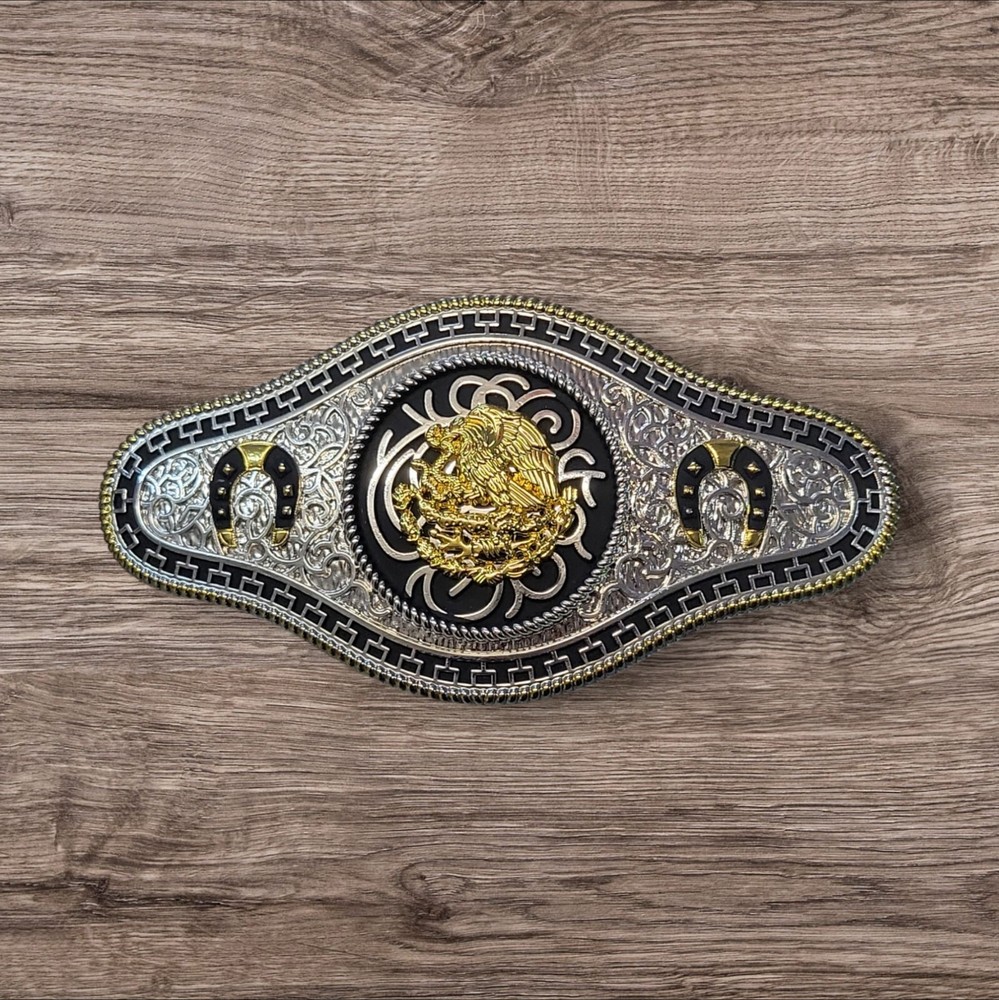 Cowboy/Charro Belt Buckle – Mexican Eagle/Horse Shoe 6.5&Prime;x3.25&Prime;Silver/Black/Gold