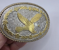 Eagle Belt Buckle Oval Floral Scroll Silver Gold Tone Textured Roped Edges