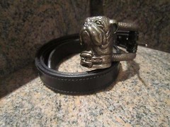 KIESELSTEIN CORD STERLING BULLDOG BUCKLE AND BLACK LEATHER BELT SIZE 2