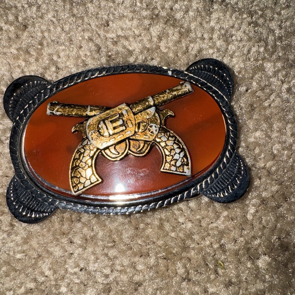 Vintage Metal and Plastic Western Belt Buckle Crossed Pistols Made in Japan