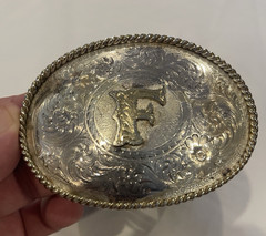 Montana Silversmith Letter F Belt Buckle w/ Leather Belt Size 48/120 Used
