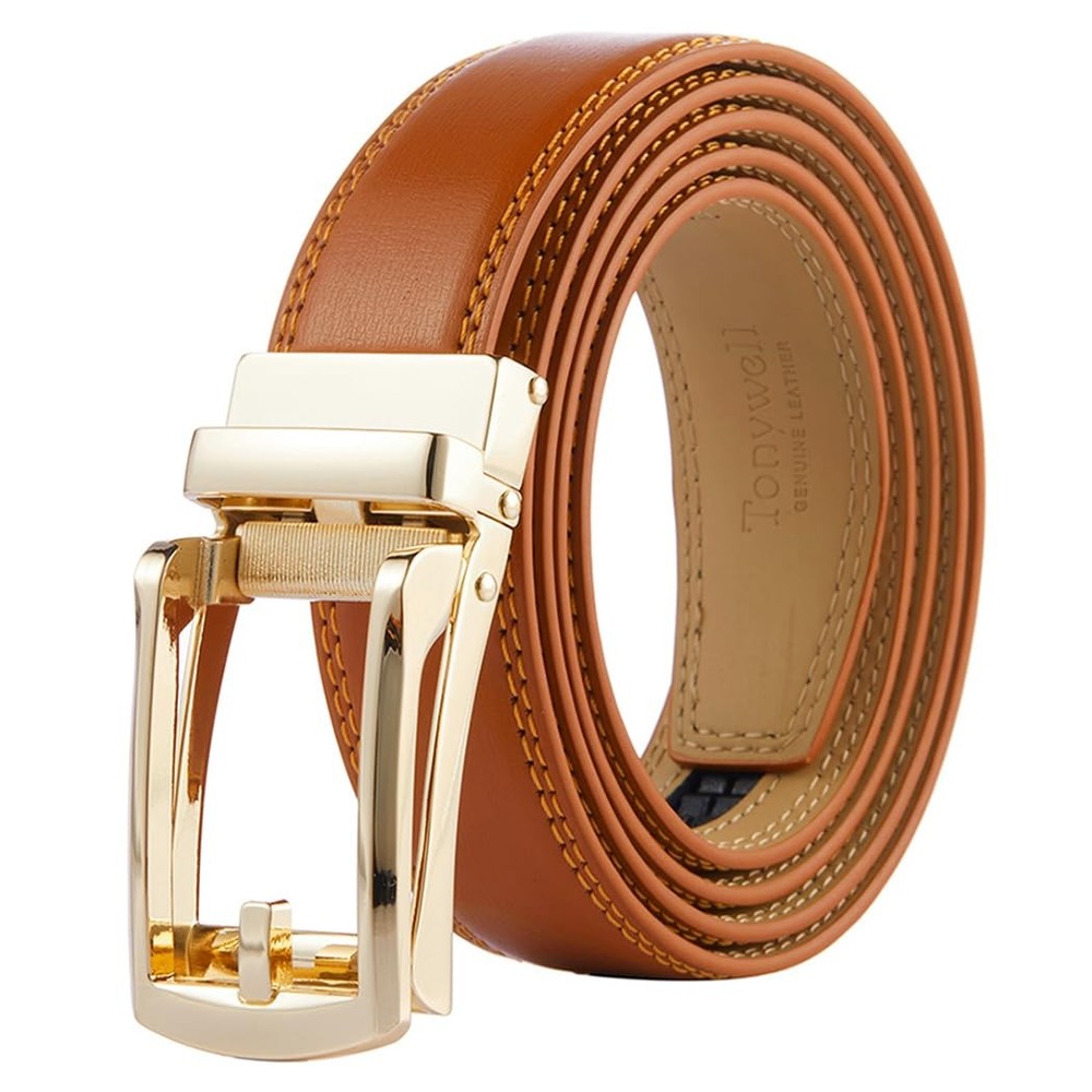 Tonywell Ratchet Belt, One Size, Light Brown Leather & Gold Metal Buckle