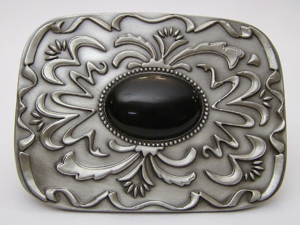 BELT BUCKLES Black Stone Western Scroll Antiqued Silver Gray Rectangle NWOT!