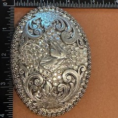 Nocona Silver Horse Head Rhinestone Western Floral Scroll Oval Belt Buckle