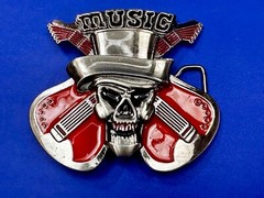 MUSIC Skull in Fedora Hat Crossed Electric Guitars Musician Rockstar Belt Buckle