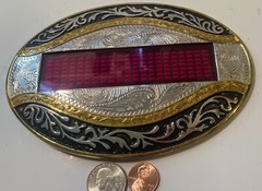 Vintage Metal Belt Buckle, Giant Size, Silver and Brass, Batteries, Nice Western