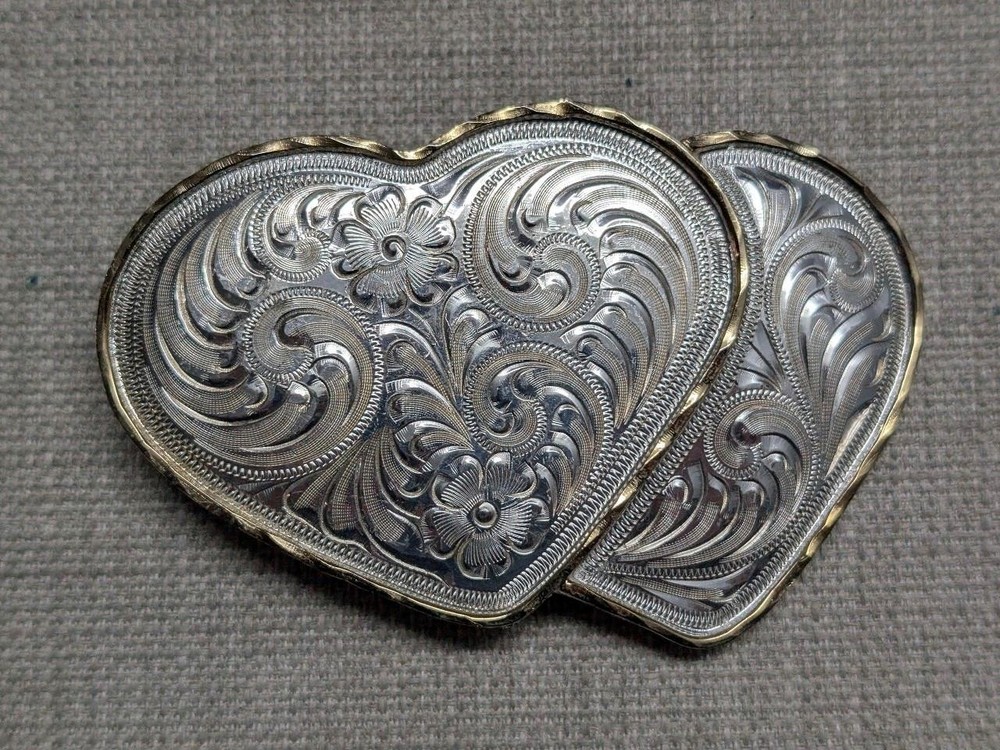 vintage DOUBLE HEARTS belt buckle WESTERN german silver ALPACA cowboy rodeo