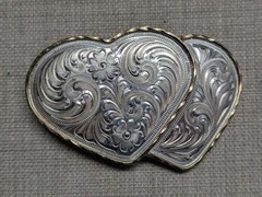 vintage DOUBLE HEARTS belt buckle WESTERN german silver ALPACA cowboy rodeo