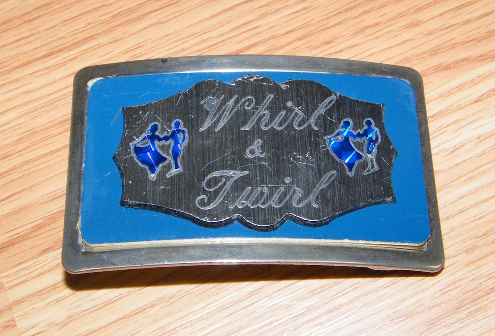 Vintage 3&Prime; x 2&Prime; Inch « Whirl & Twirl » Blue & Silver Metal Belt Buckle Made In USA