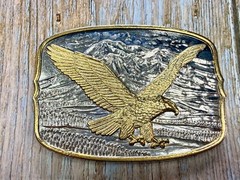 Flying Eagle Spreading Wings over the Mountain Scene Vintage Belt Buckle