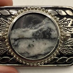 Vintage Silver Tone Black Belt Buckle Marble Stone Design Western Engraved