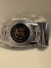 Dragon Automatic Ratchet Belt Buckle Silver Tone Black Enamel Men’s