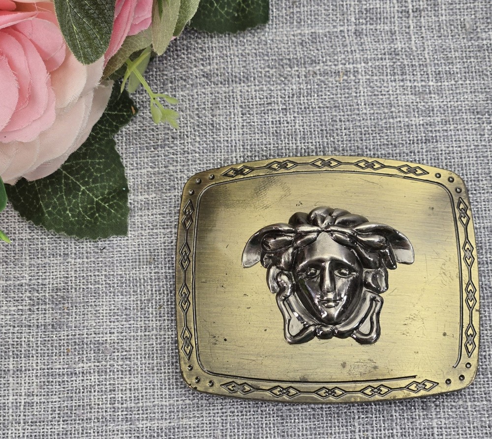 Vintage Style Medusa Belt Buckle Gold & Silver Tone Rectangular Snap On