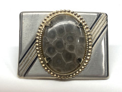 Vintage MCM Polished Oval Petosky Stone Gold & Silver -Toned Belt Buckle