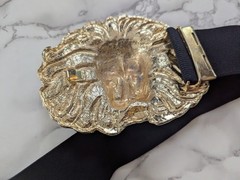 Vintage Lion Head Oversize Gold Metal Belt Buckle Elastic Fashion Belt 80&rsquo;s 90&rsquo;s