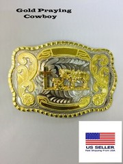WESTERN PRAYING COWBOY RODEO FAITH CROSS LONG GOLD SHINY BELT BUCKLE US SELLER