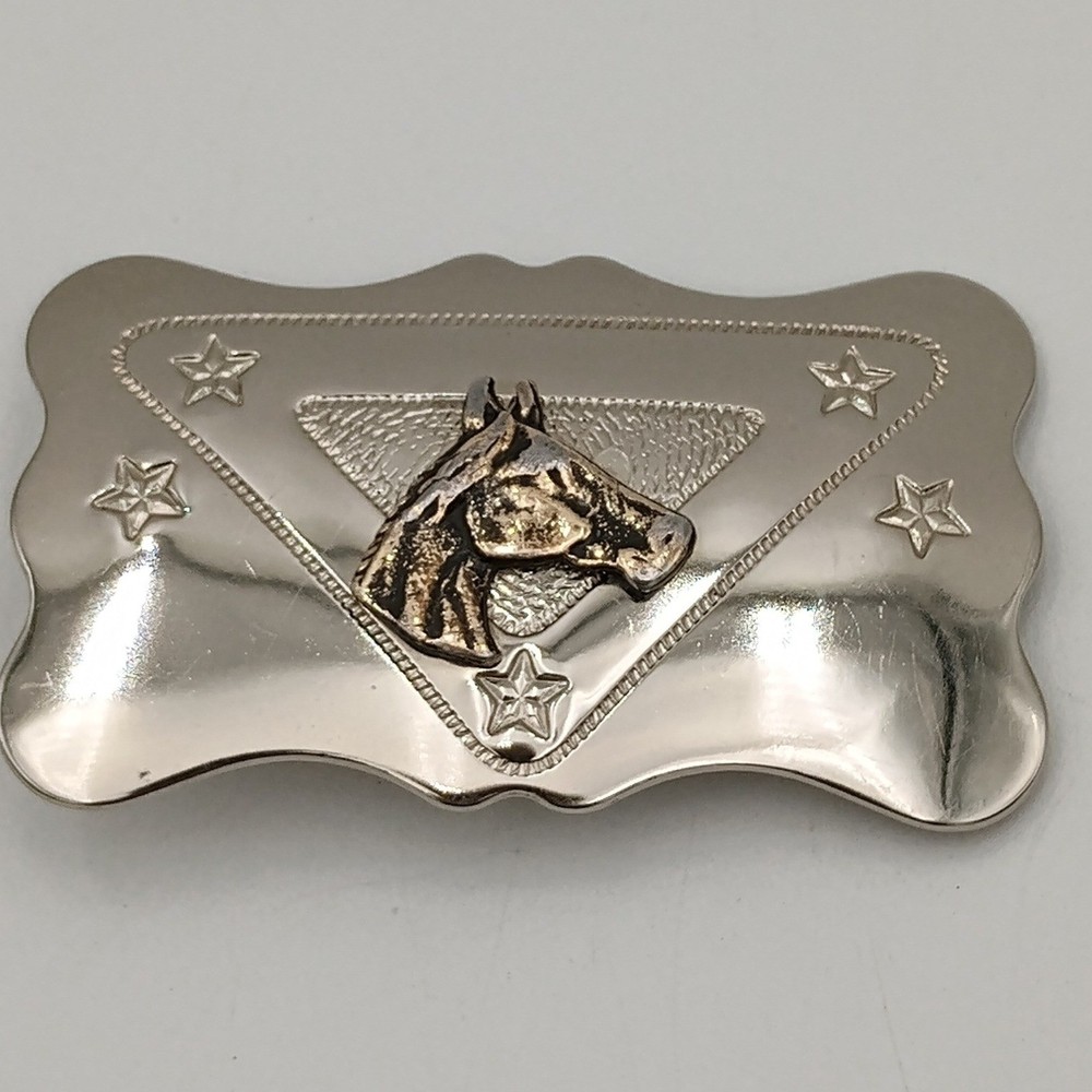 Chambers Belt Co Western Horse Head Belt Buckle Silver Gold Tone Stars USA Made