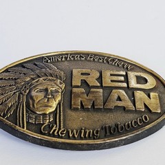 1988 Red Man Chewing Tobacco Belt Buckle Oval Brass Tone Western Americana Vtg