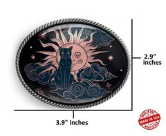 Mystic Cat Belt Buckle – Dark Celestial Sun & Stars Handmade Silver Buckle – 19