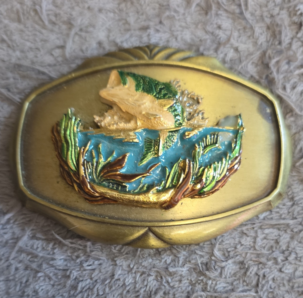 Paintree Vintage 1978 Western Cowboy Oval Gold Tone Belt Buckle Blue Green