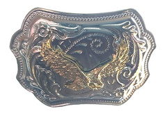 FLYING EAGLE Belt BUCKLE Gold on Silver Rectangular Metal Western/Biker/USA