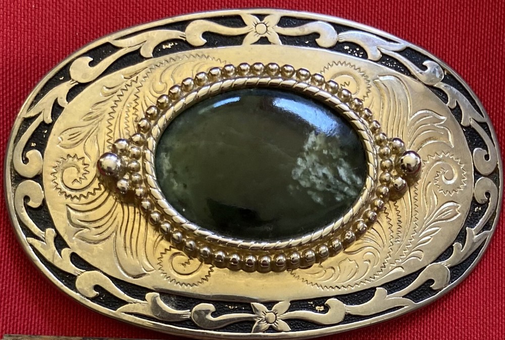 STORMY SEA OCEAN DARK GREEN CABOCHON INSERT DECORATIVE WESTERN BELT BUCKLE