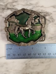 1976 Bergamot Brass Works Horse Western Belt Buckle Silver/Green 3inch