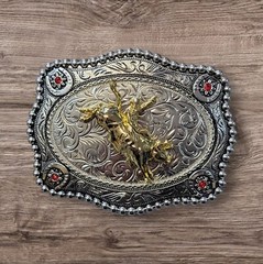 Cowboy Belt Buckle For Man – Bull Rider 4.25&Prime;x3.25&Prime; Silver Tone/Gold/Black