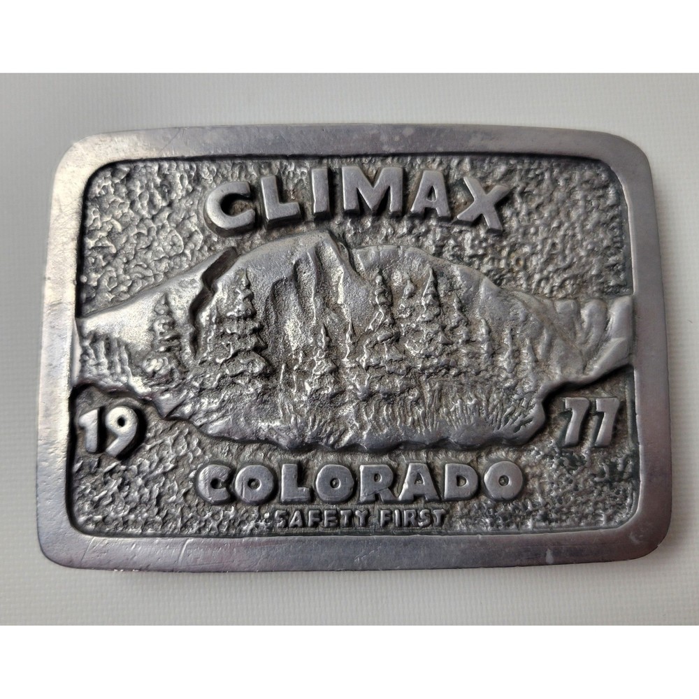 Vintage 1977 Climax Colorado Safety First Mining Belt Buckle Silver Tone Metal