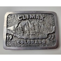 Vintage 1977 Climax Colorado Safety First Mining Belt Buckle Silver Tone Metal