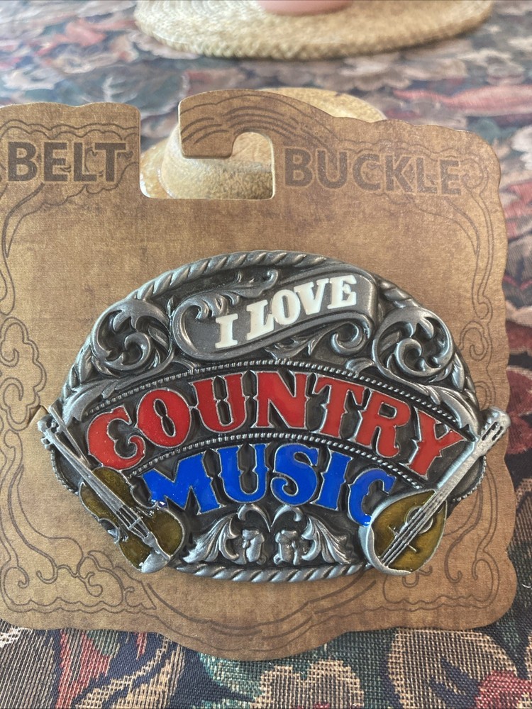 I Love Country, Metal, Red, White, And Blue Belt Buckle With Violins