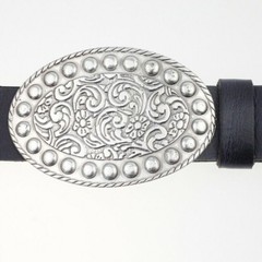 Floral tendrils Oktoberfest costume belt buckle, oval design, antique silver