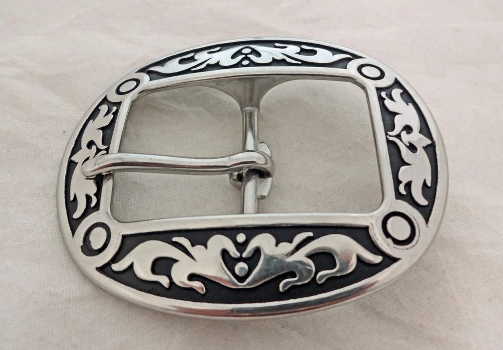 Jeremiah Watt Oval Belt Buckle 1 1/4&Prime; Western Stainless Steel Floral Black Horse