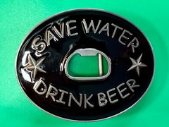 SAVE WATER DRINK BEER Novelty Black Enameled Belt Buckle with Bottle Opener